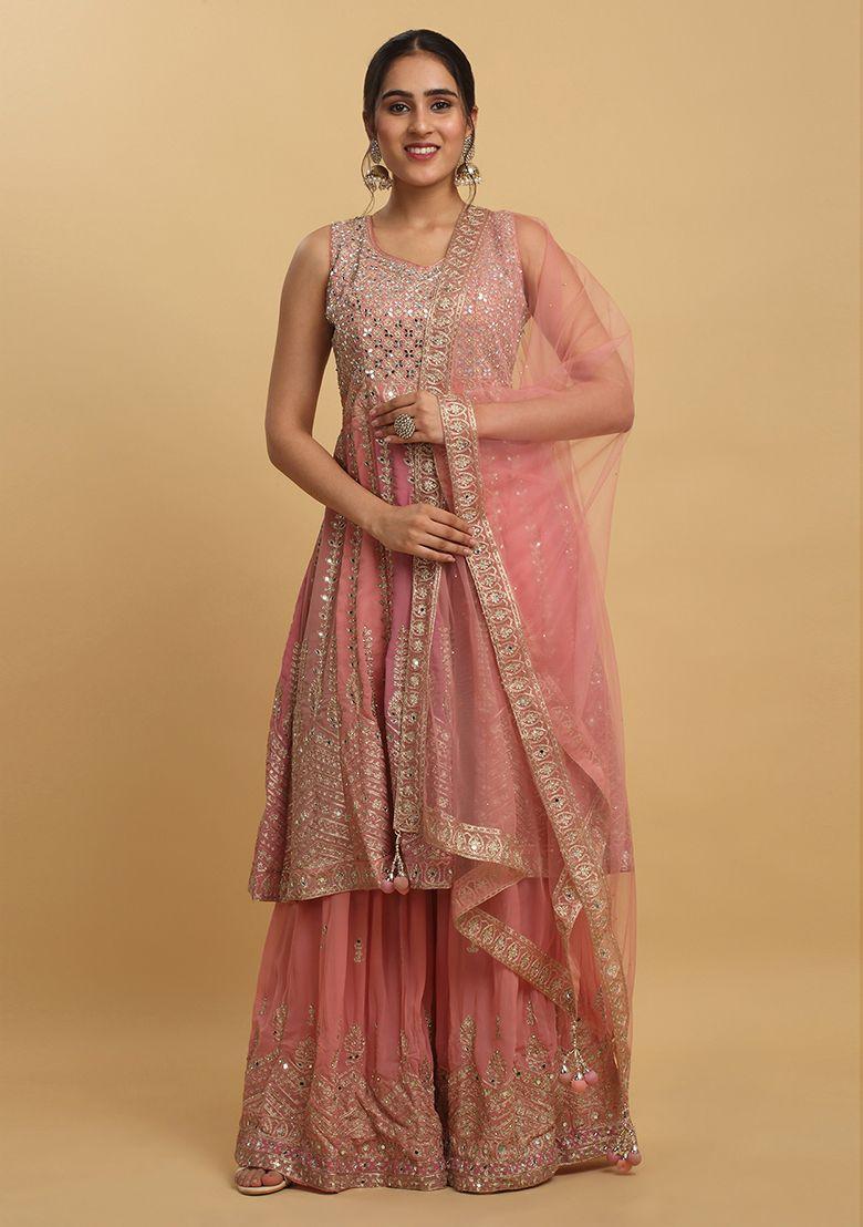 pastel coral embroidered silk trishna sharara set