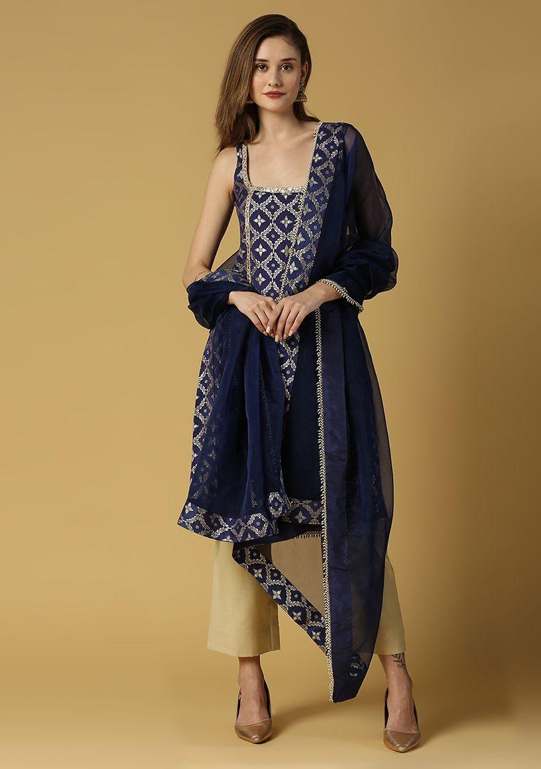 deep blue floral woven brocade radha kurta set