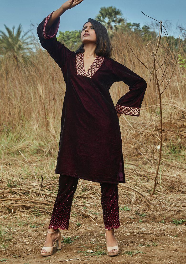 wine sequin embroidered velvet anne kurta set