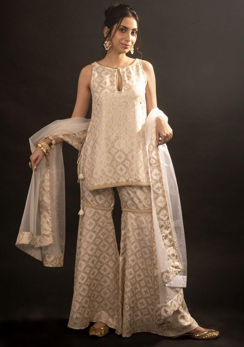 white and gold brocade embroidered athena sharara set