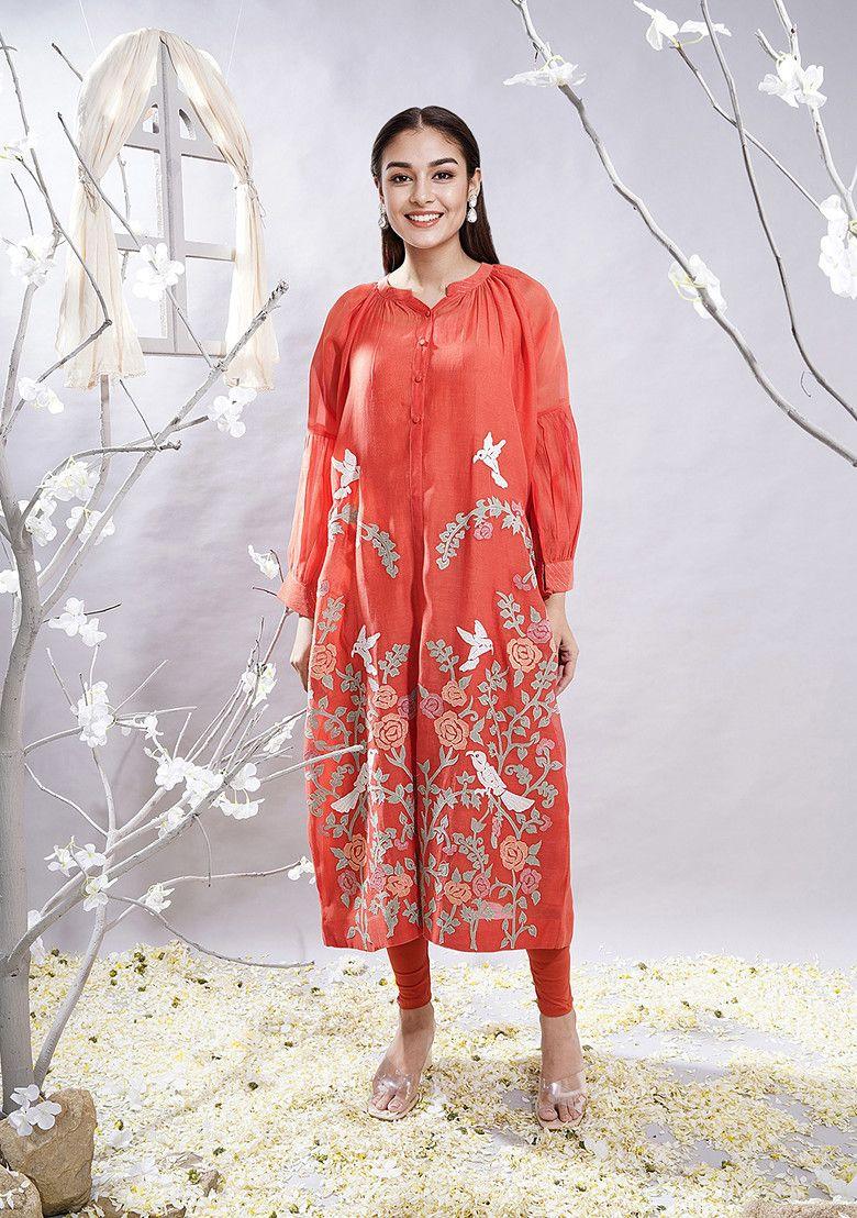 orange applique patchwork chanderi kurta set