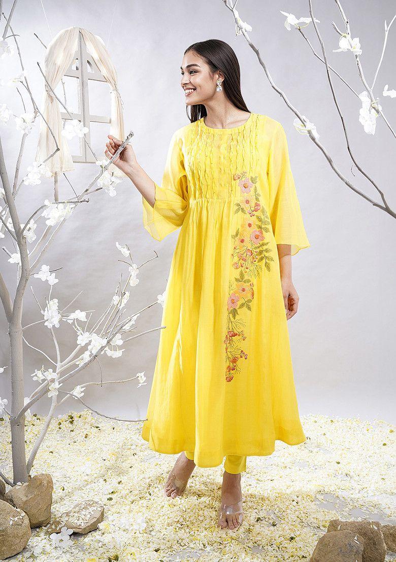 yellow applique patchwork chanderi kurta set