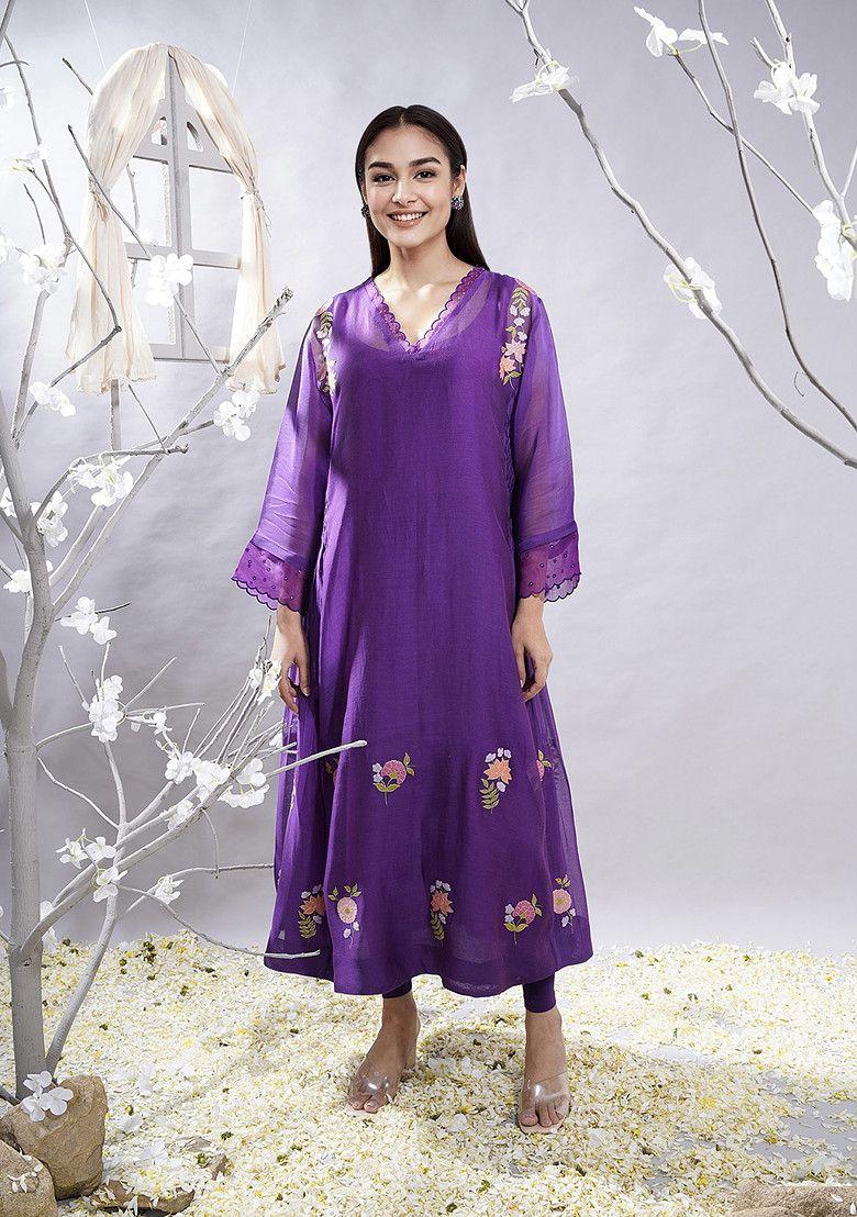 purple applique patchwork chanderi kurta set