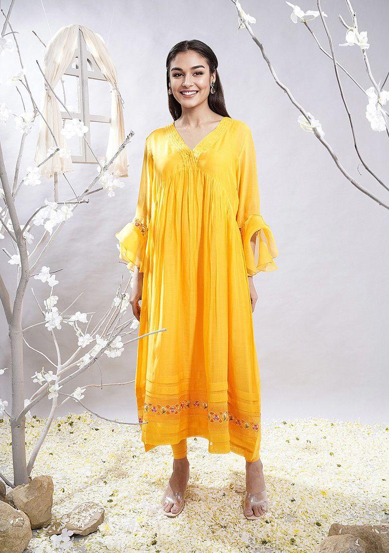 mango yellow applique patchwork chanderi kurta set