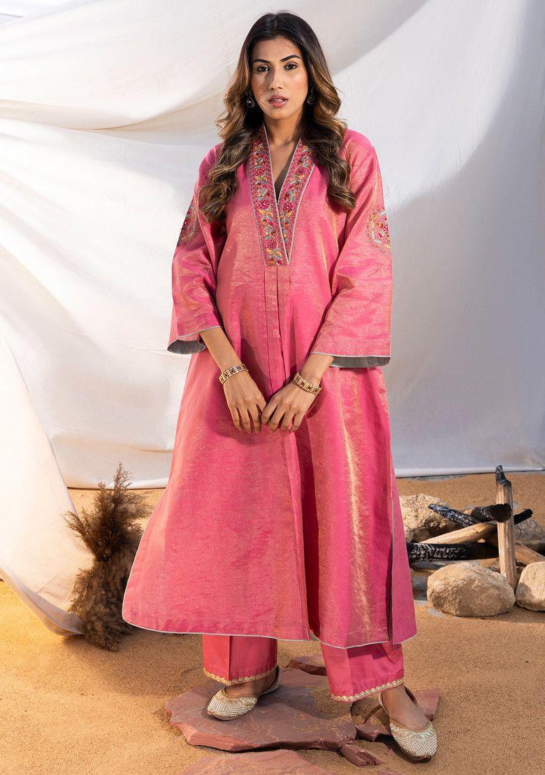 pink mulmul cotton embroidered kurta set