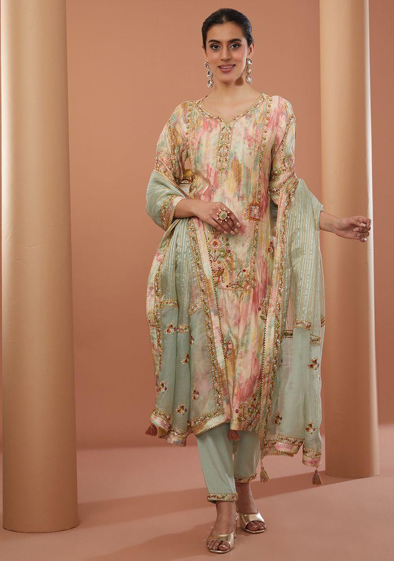 beige zardozi embroidered chanderi silk kurta set