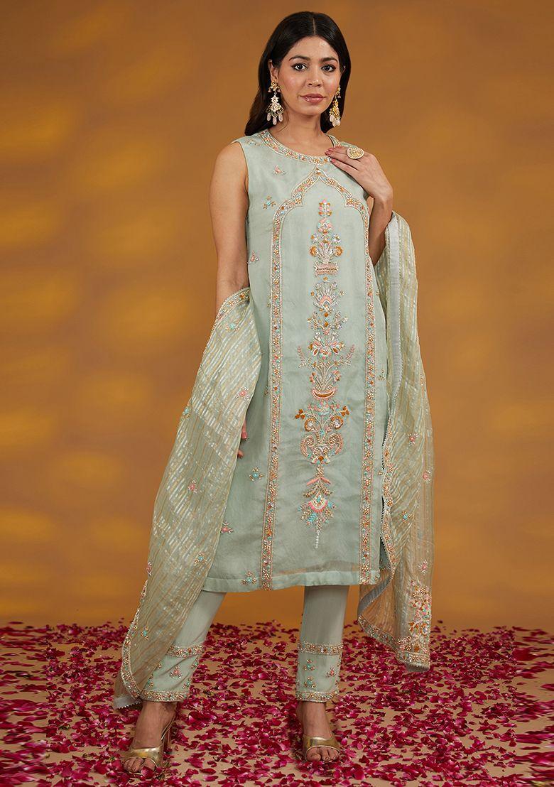 blue zardozi embroidered organza kurta set