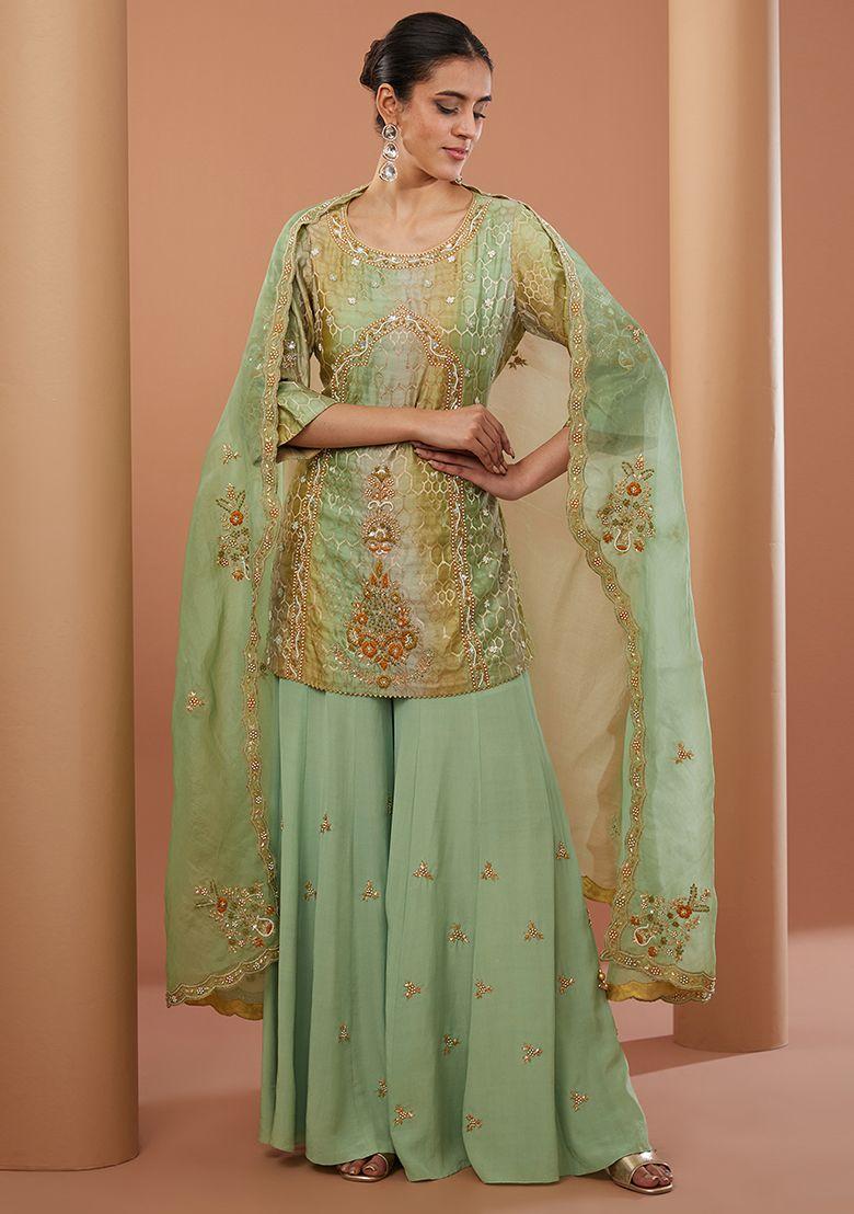 green zardozi embroidered chanderi silk sharara set