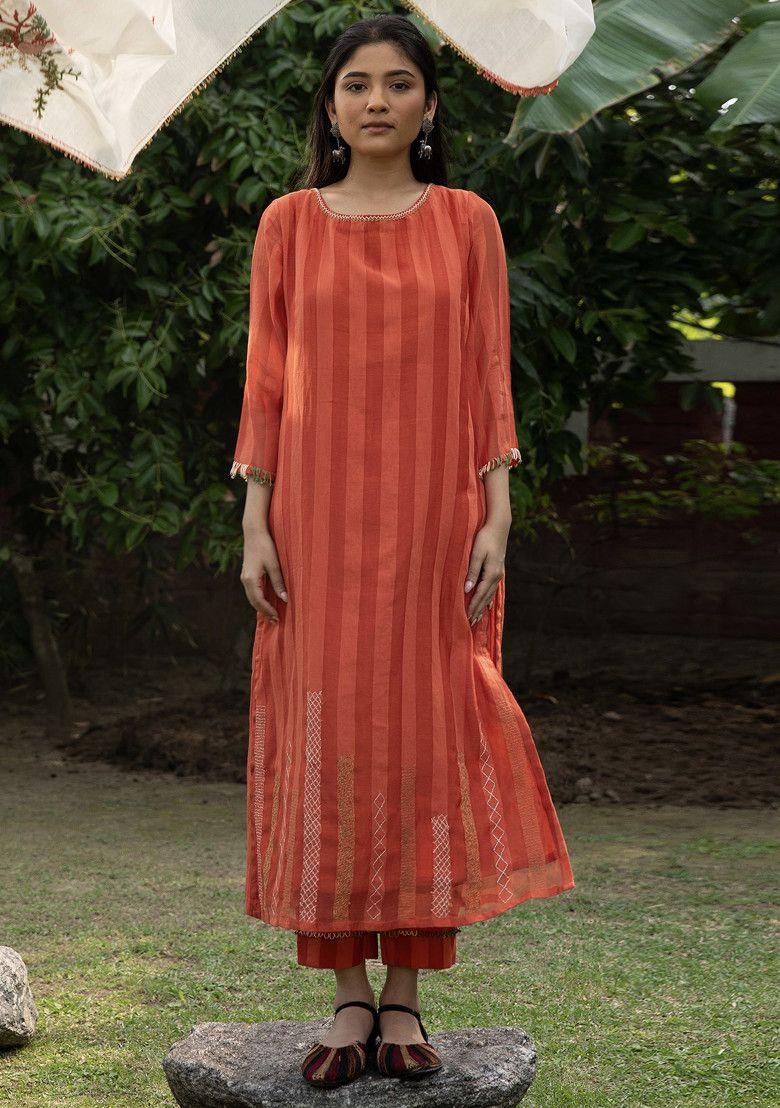 rust kantha embroidered kurta set