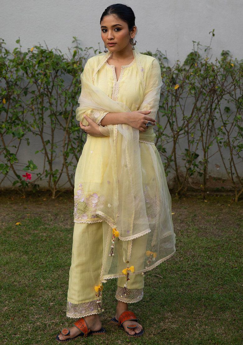 yellow applique embroidered handwoven cotton silk kurta set