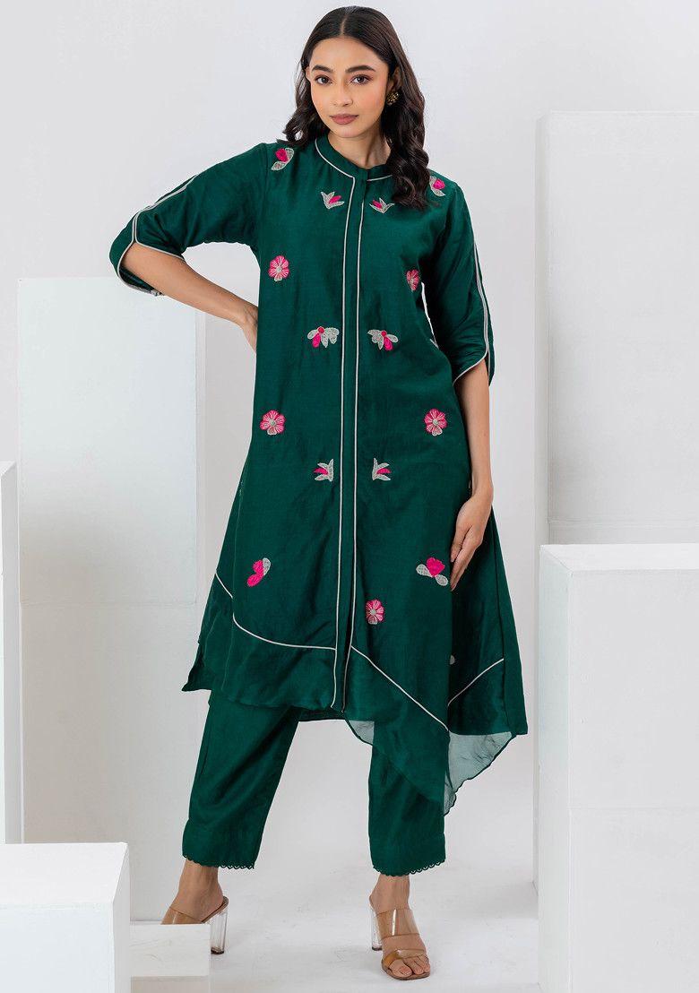 green floral applique embroidered cotton silk suit set