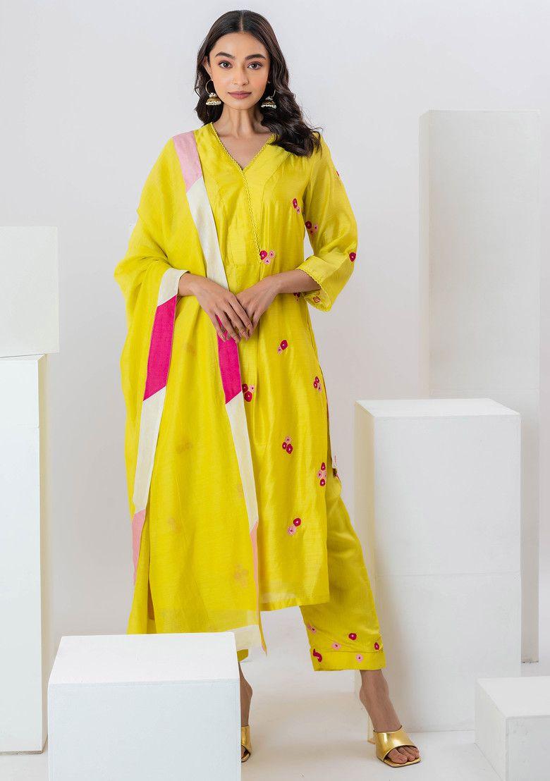 yellow applique embroidered chivia silk suit set