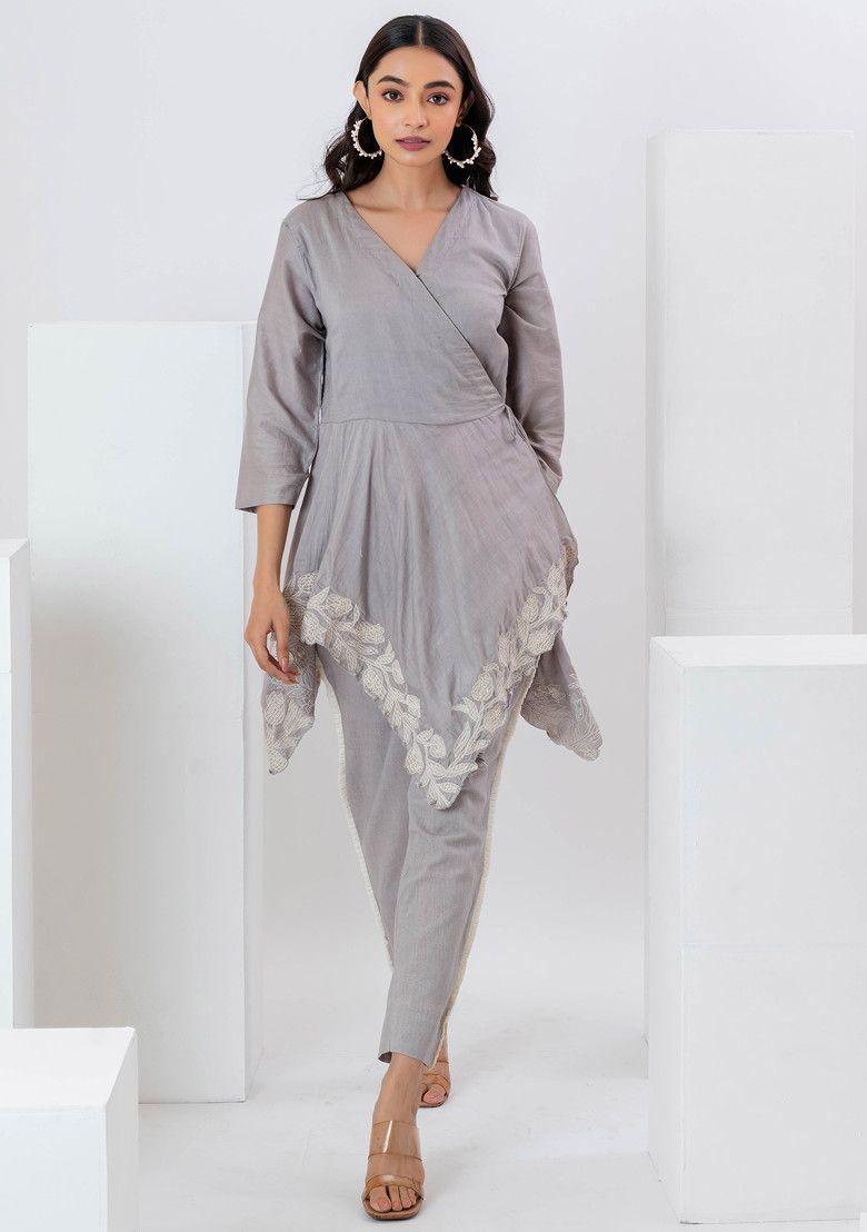 grey hand applique embroidered cotton suit set