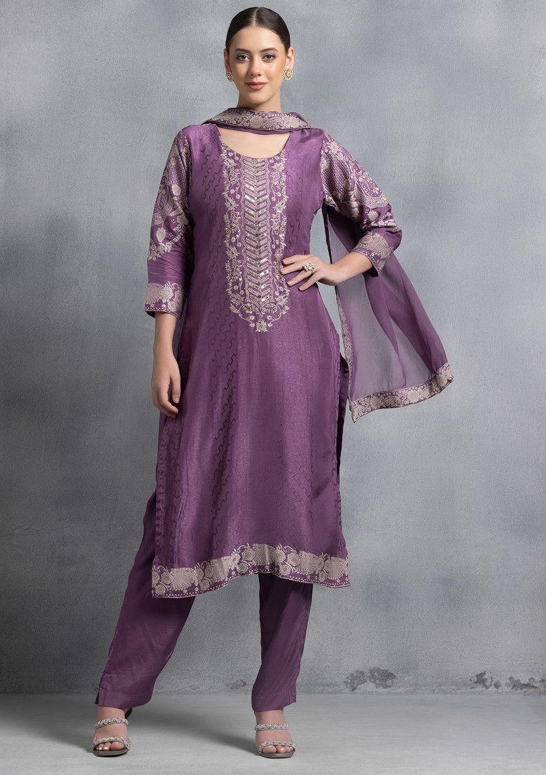 mauve sequin embellished silk kurta set with pants and organza dupatta