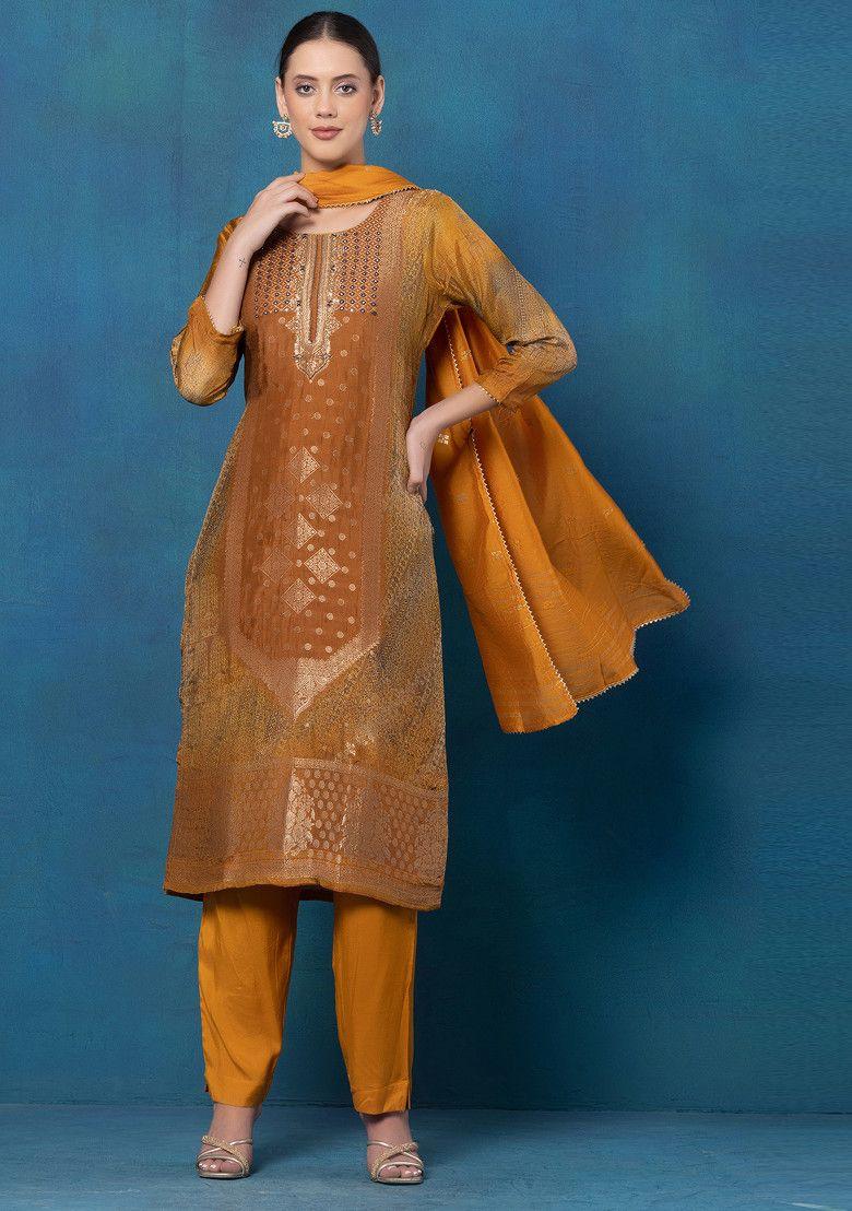 mustard hand embroidered brocade kurta set with pants and dupatta