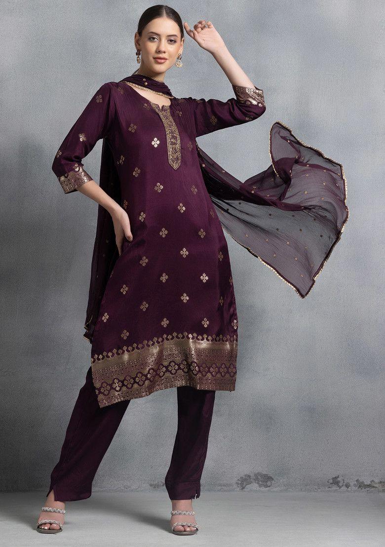 purple hand embroidered brocade kurta set with pants and embellished dupatta