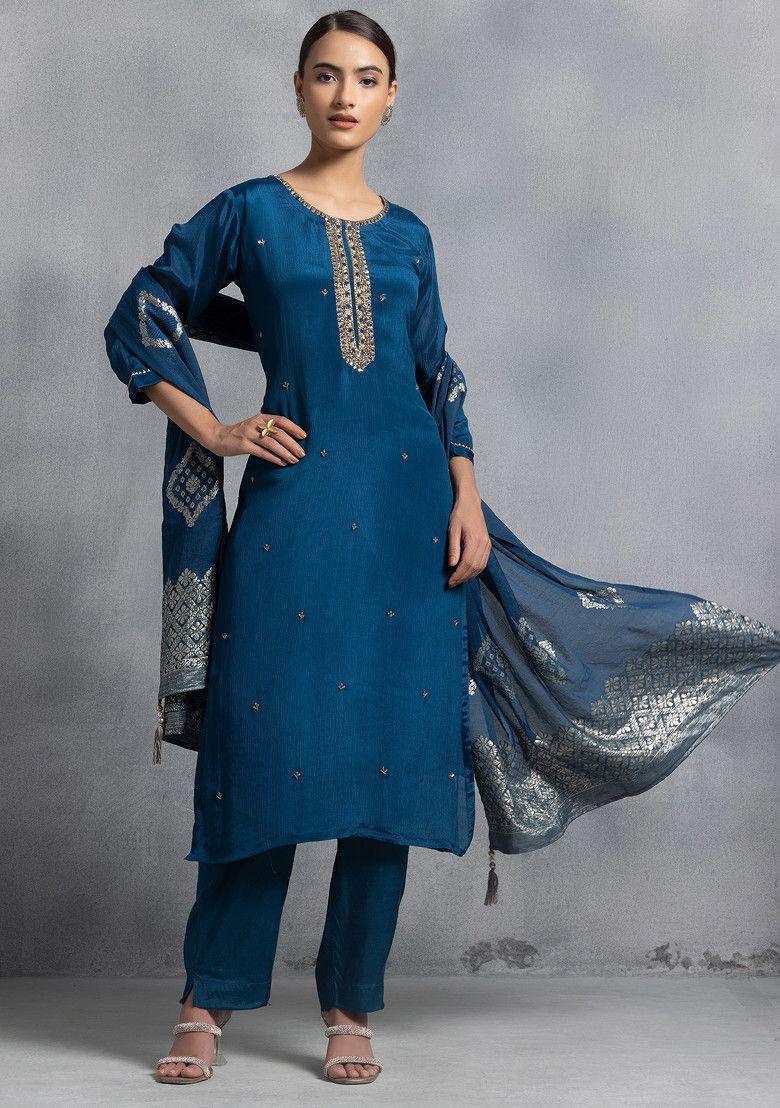 teal blue hand work kurta set with pants and brocade dupatta