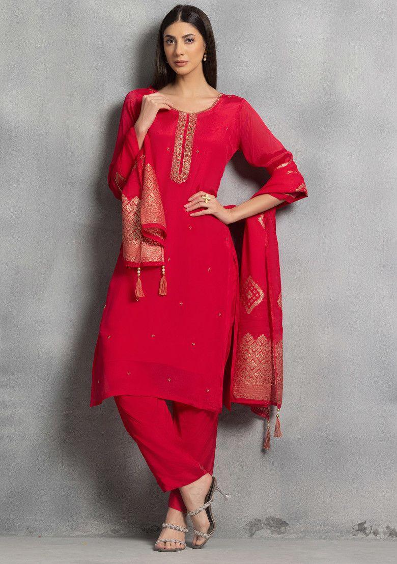 hot pink hand work kurta set with pants and brocade dupatta