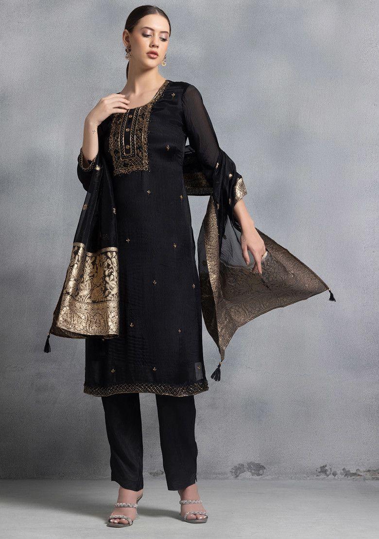 black bead hand embroidered kurta set with pants and brocade dupatta