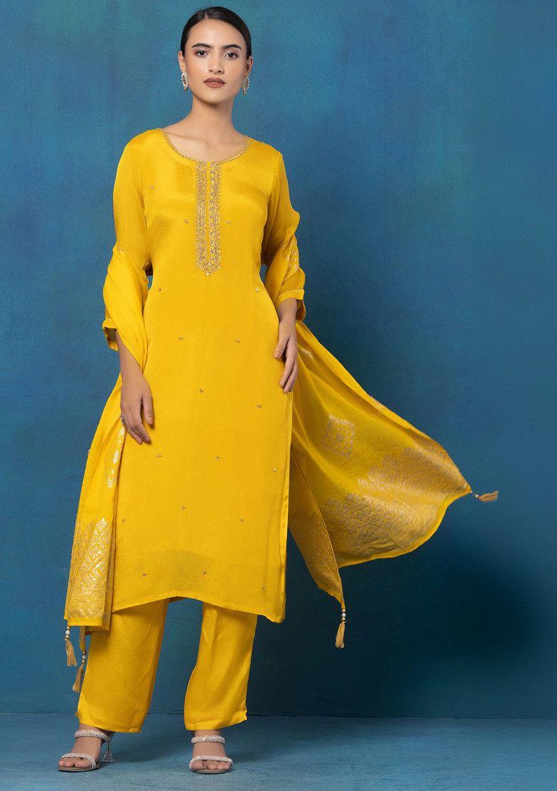 yellow hand work kurta set with pants and brocade dupatta