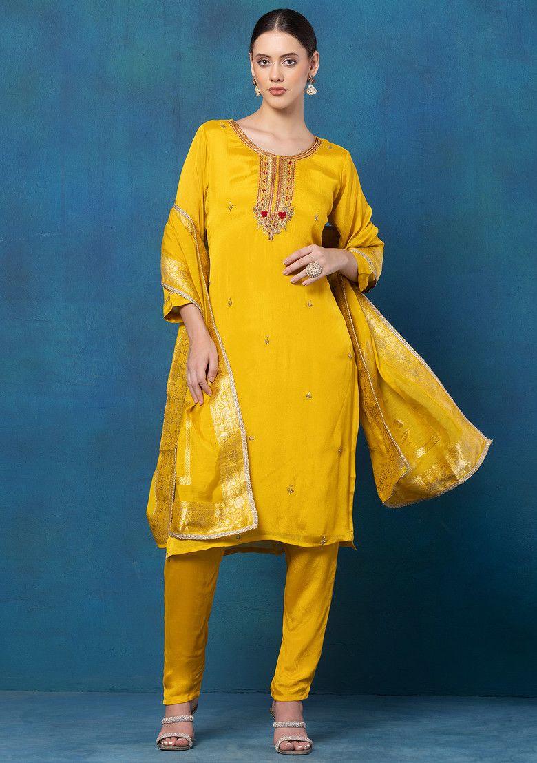 yellow cutdana hand embroidered kurta set with pants and brocade dupatta