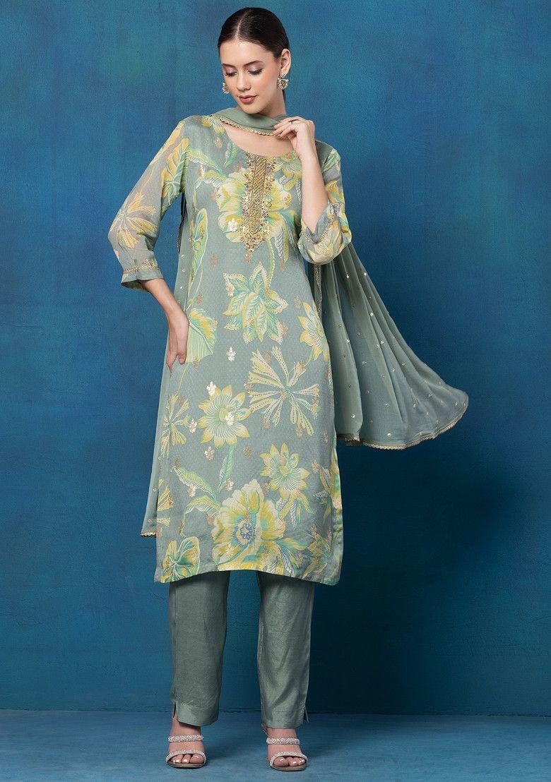 pastel green floral print embellished organza kurta set with pants and dupatta