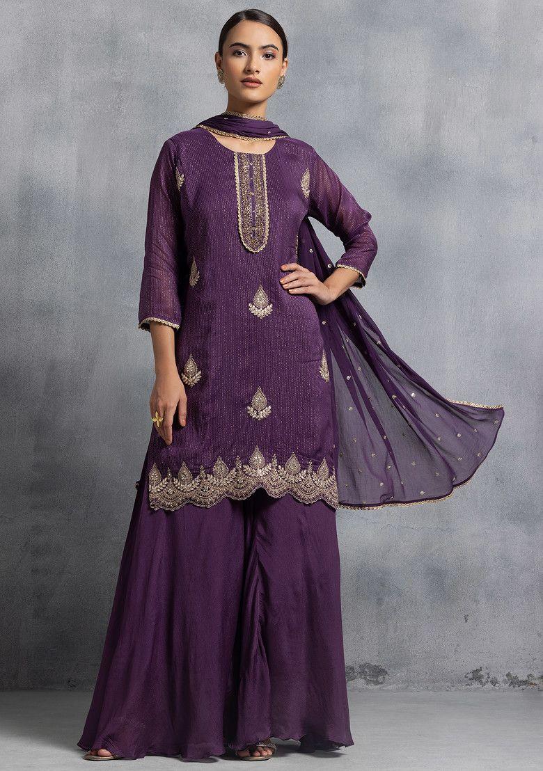 purple sharara set with zari hand embroidered kurta and dupatta