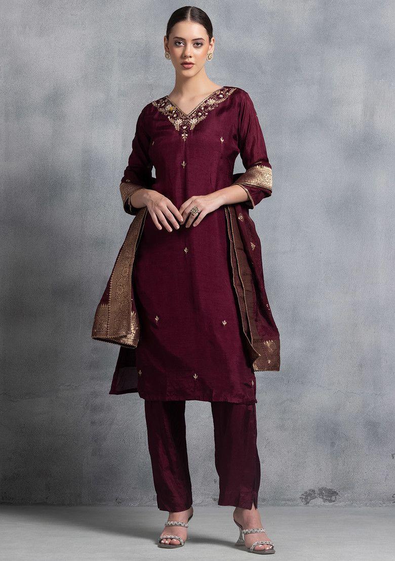 wine cutdana sequin embellished kurta set with pants and brocade dupatta