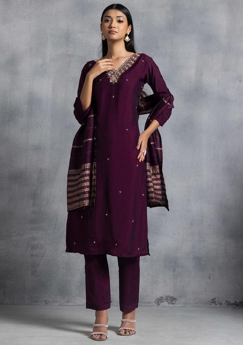 wine mirror bead cutdana embellished kurta set with pants and brocade dupatta