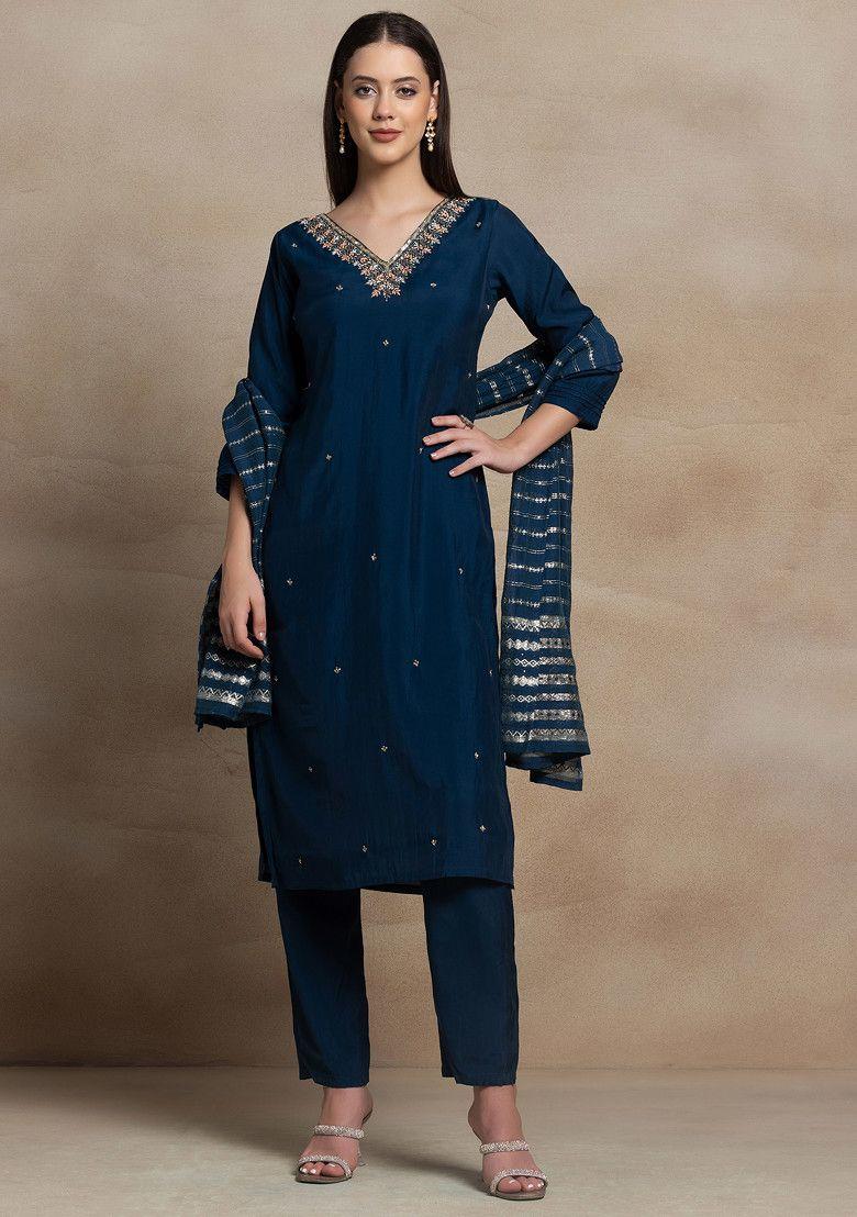 navy blue mirror bead cutdana embellished kurta set with pants and brocade dupatta