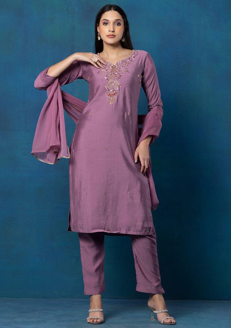 lilac sequin hand embroidered kurta set with pants and chiffon dupatta