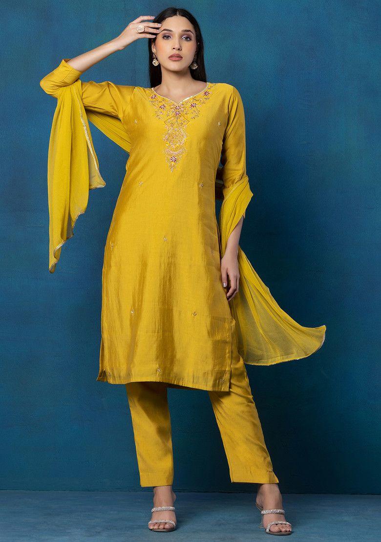 yellow sequin hand embroidered kurta set with pants and chiffon dupatta