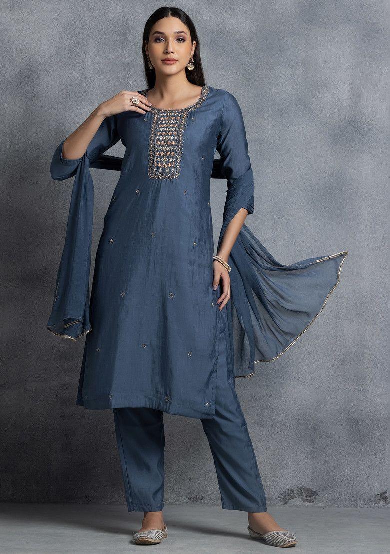 grey mirror bead hand embellished kurta set with pants and chiffon dupatta