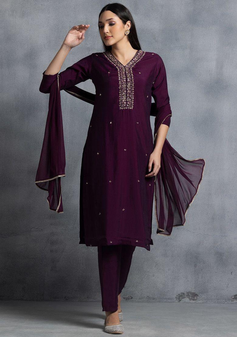 purple cutdana hand embroidered kurta set with pants and chiffon dupatta