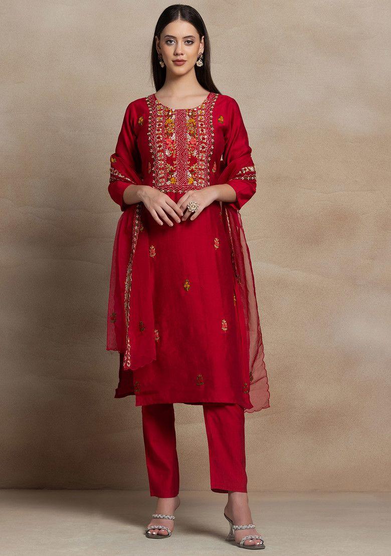 pink floral zari embroidered kurta set with pants and organza dupatta