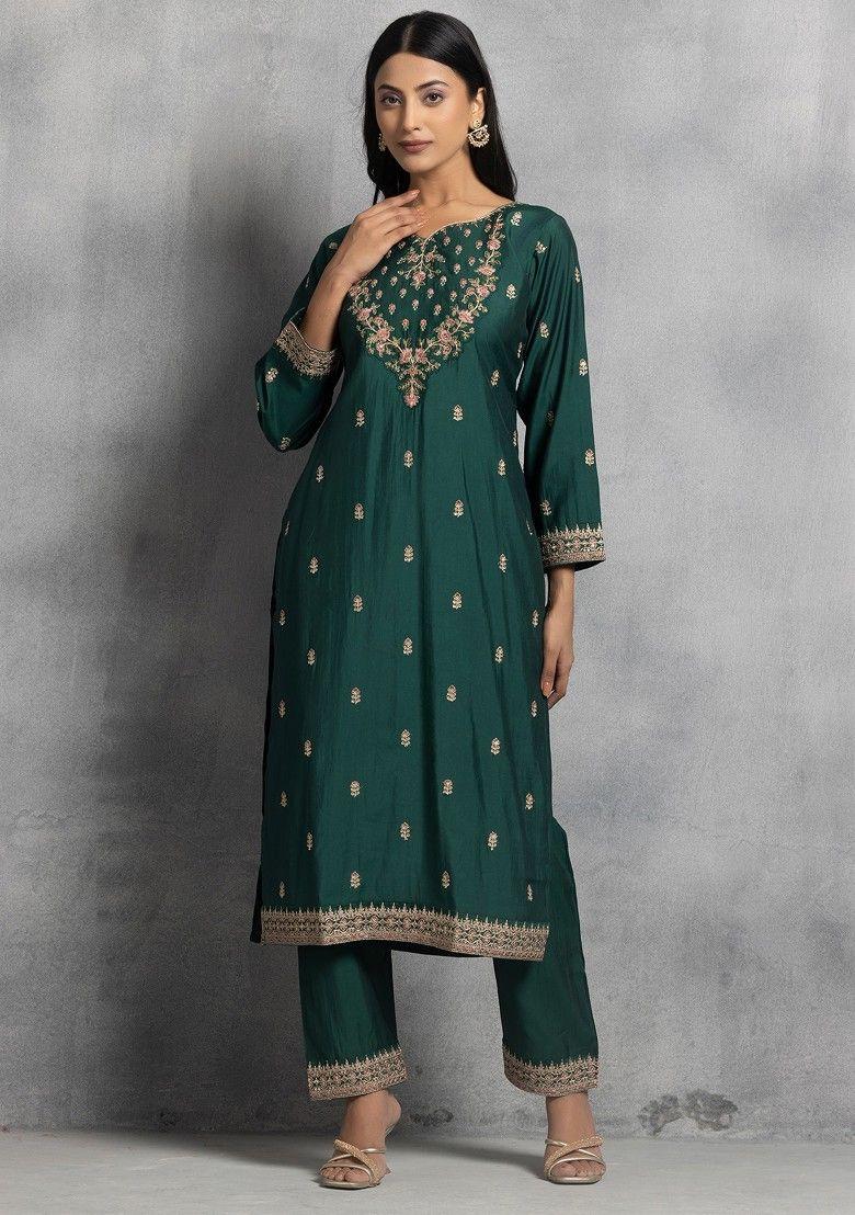 green floral zari embroidered kurta set with pants and brocade dupatta