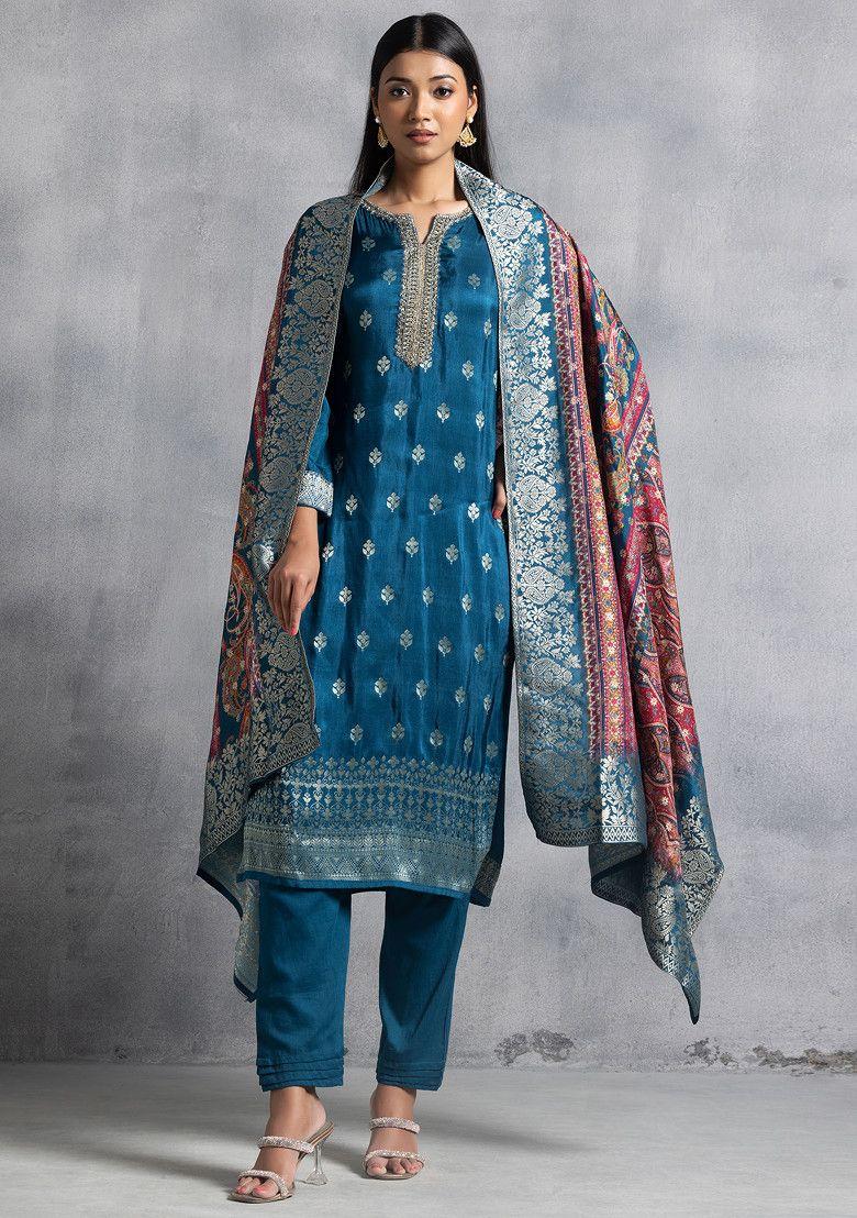 aqua blue floral embellished kurta set with pants and brocade dupatta