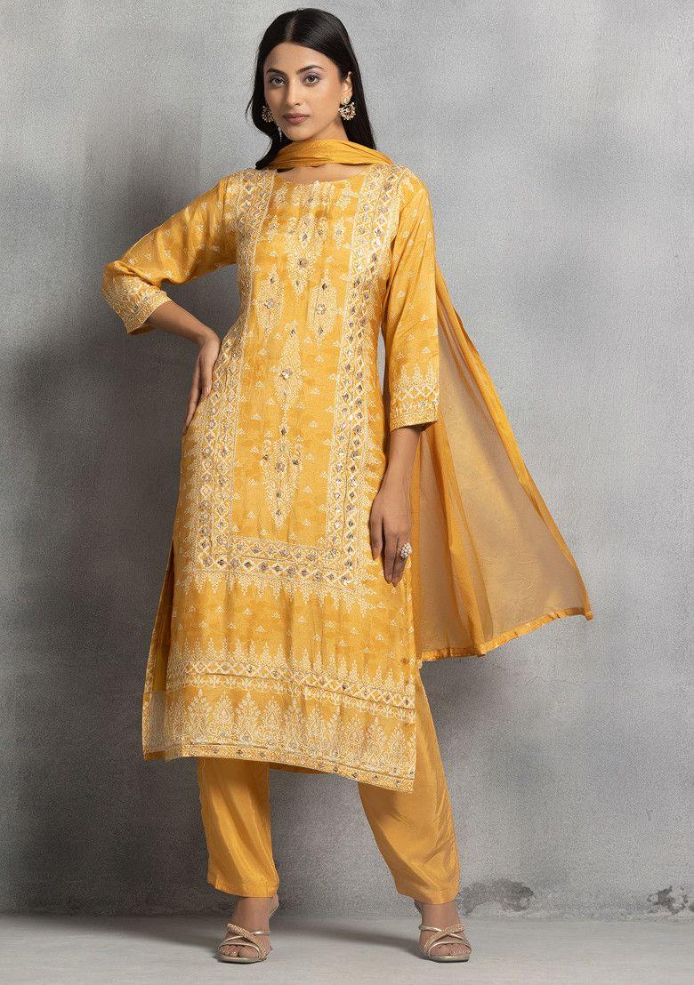 mustard sequin embellished printed kurta set with pants and chiffon dupatta