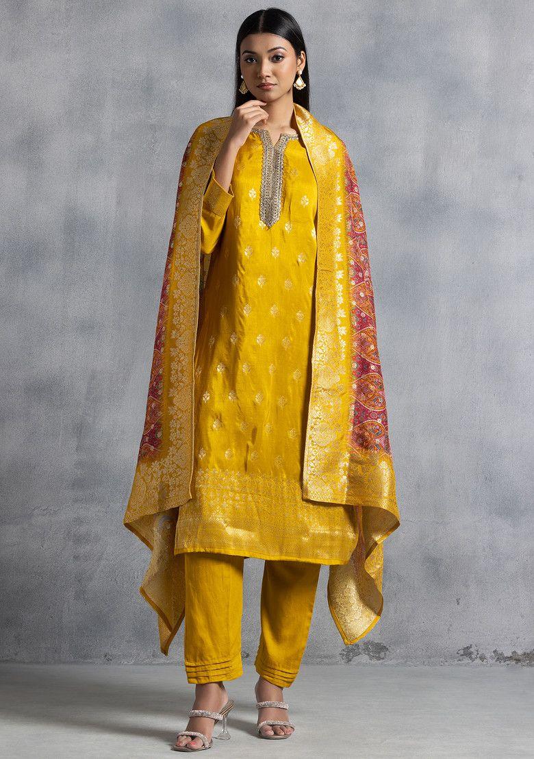 mustard yellow floral embellished kurta set with pants and brocade dupatta