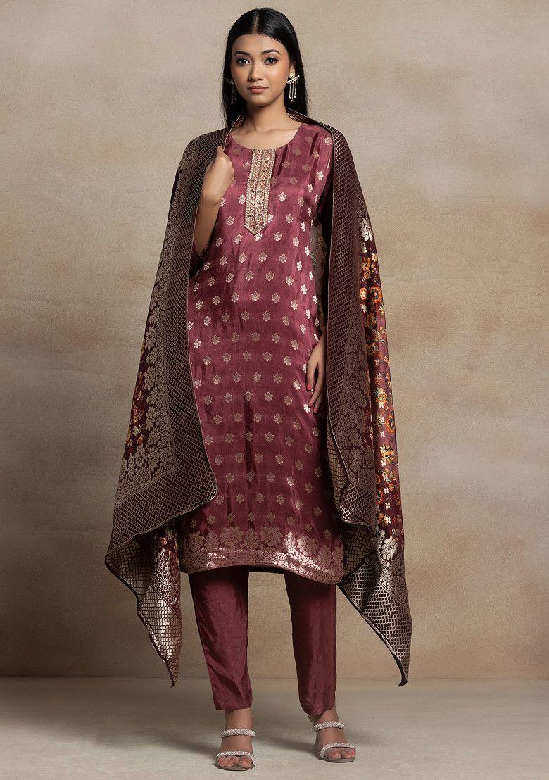 maroon hand embroidered kurta set with pants and floral print brocade dupatta