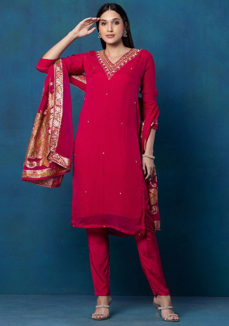 pink sequin mirror embellished organza kurta set with pants and brocade dupatta