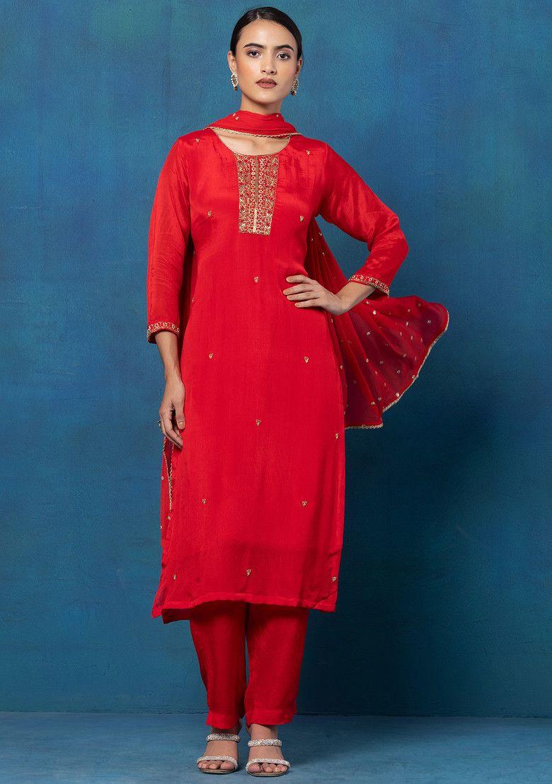 red bead cutdana embellished kurta set with pants and embellished dupatta