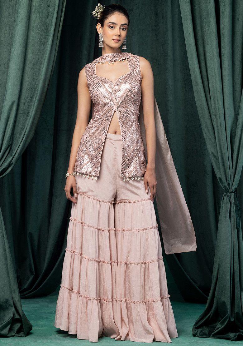 pastel pink tiered sharara set with sequin geometric embroidered kurta and dupatta