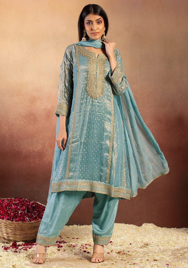 sage green zari embroidered brocade kurta set with salwar and dupatta