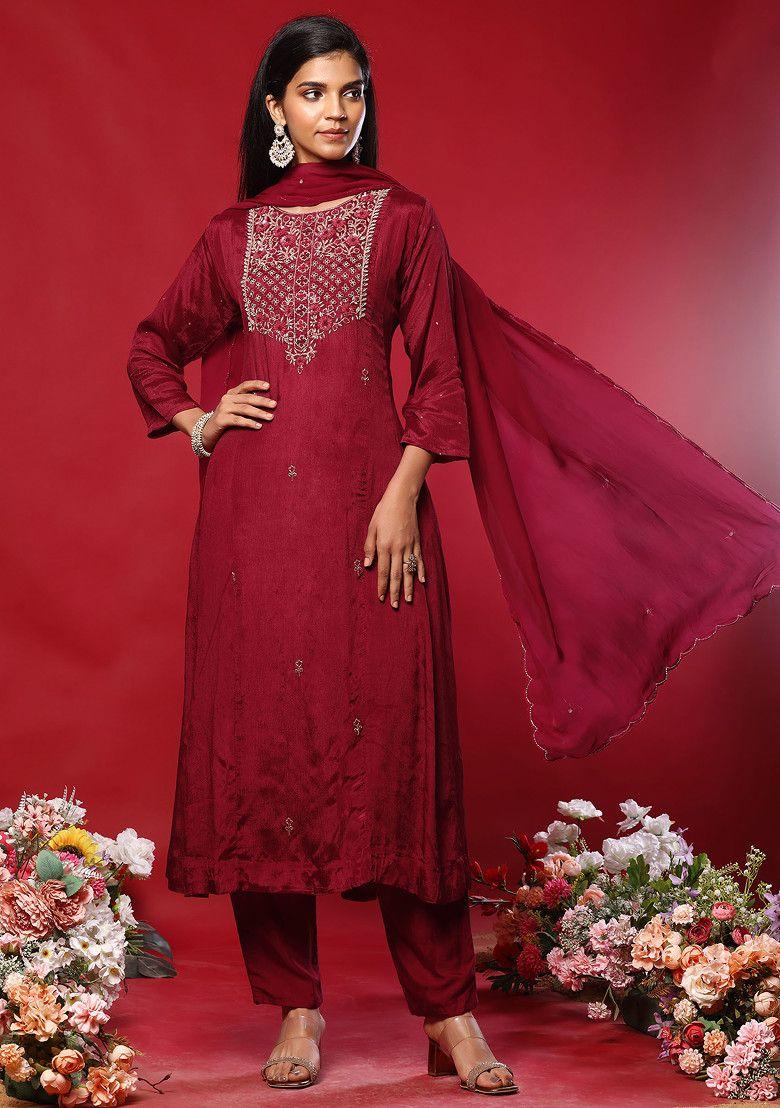 maroon floral hand work kurta set with pants and organza dupatta