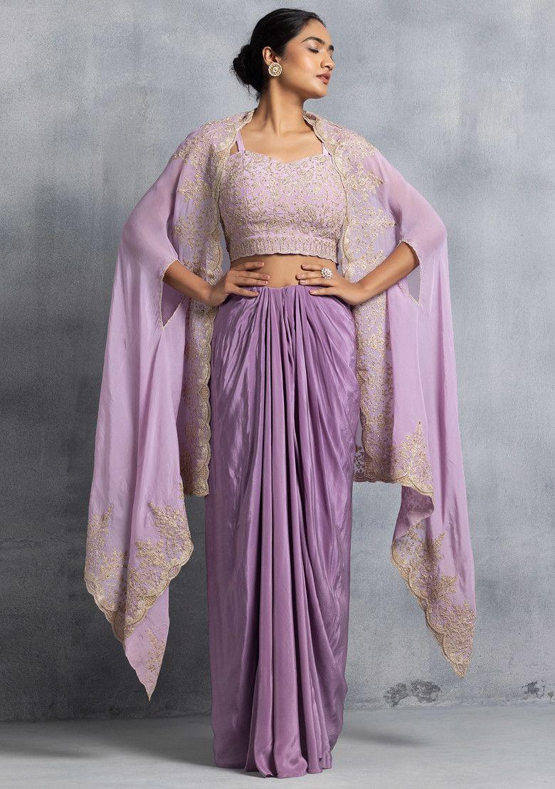 lilac pleated skirt set with floral thread embroidered blouse and embroidered cape