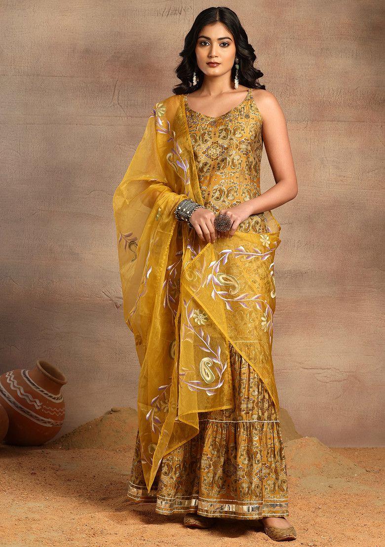 yellow batik print tiered sharara with strappy kurta and dupatta (set of 3)