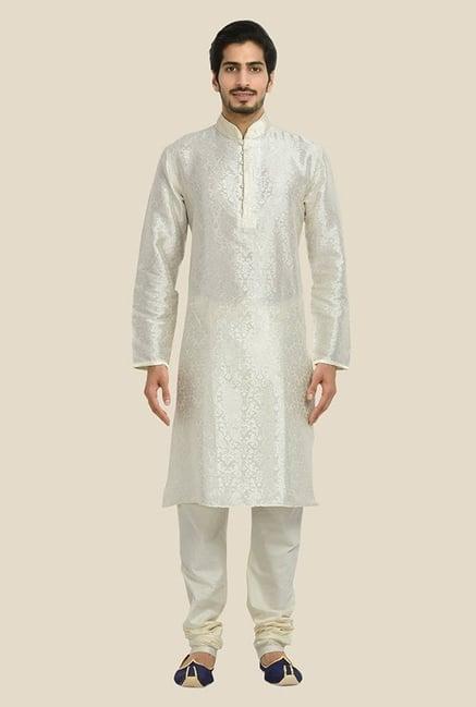 manyavar off white brocade kurta & churidar set