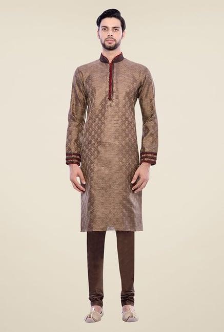 manyavar exquisite brown brocade kurta & churidar set