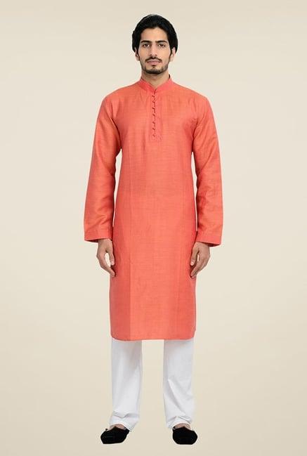 manyavar orange & white linen kurta & pyjama set